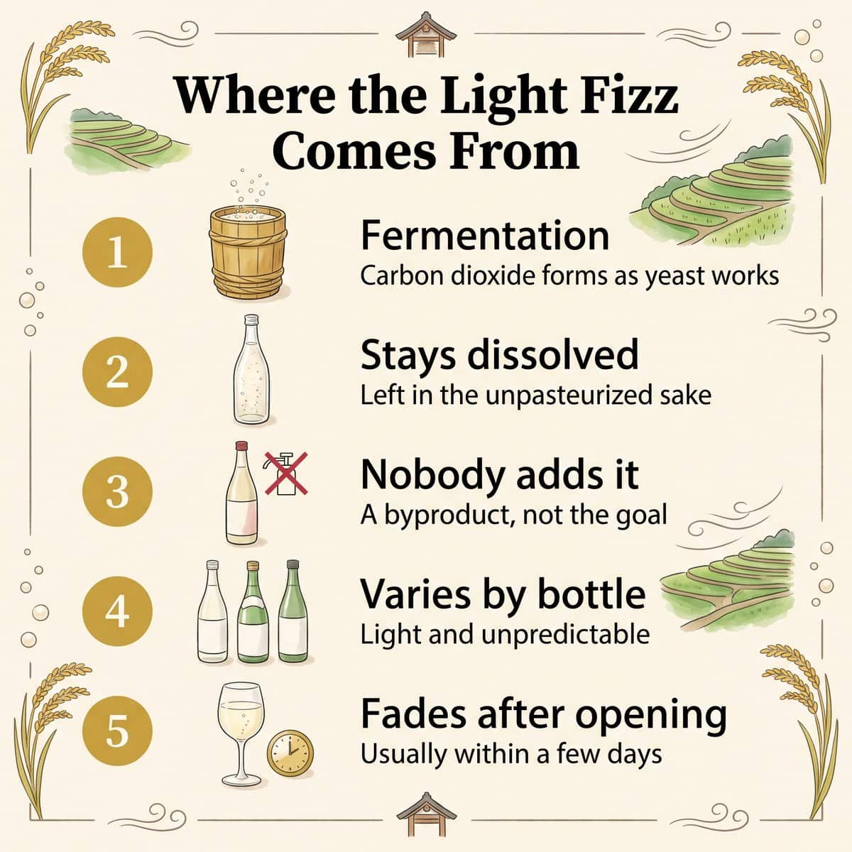 Illustration of where the light fizz comes from in Kaze no Mori: dissolved fermentation gas that varies by bottle and fades after opening