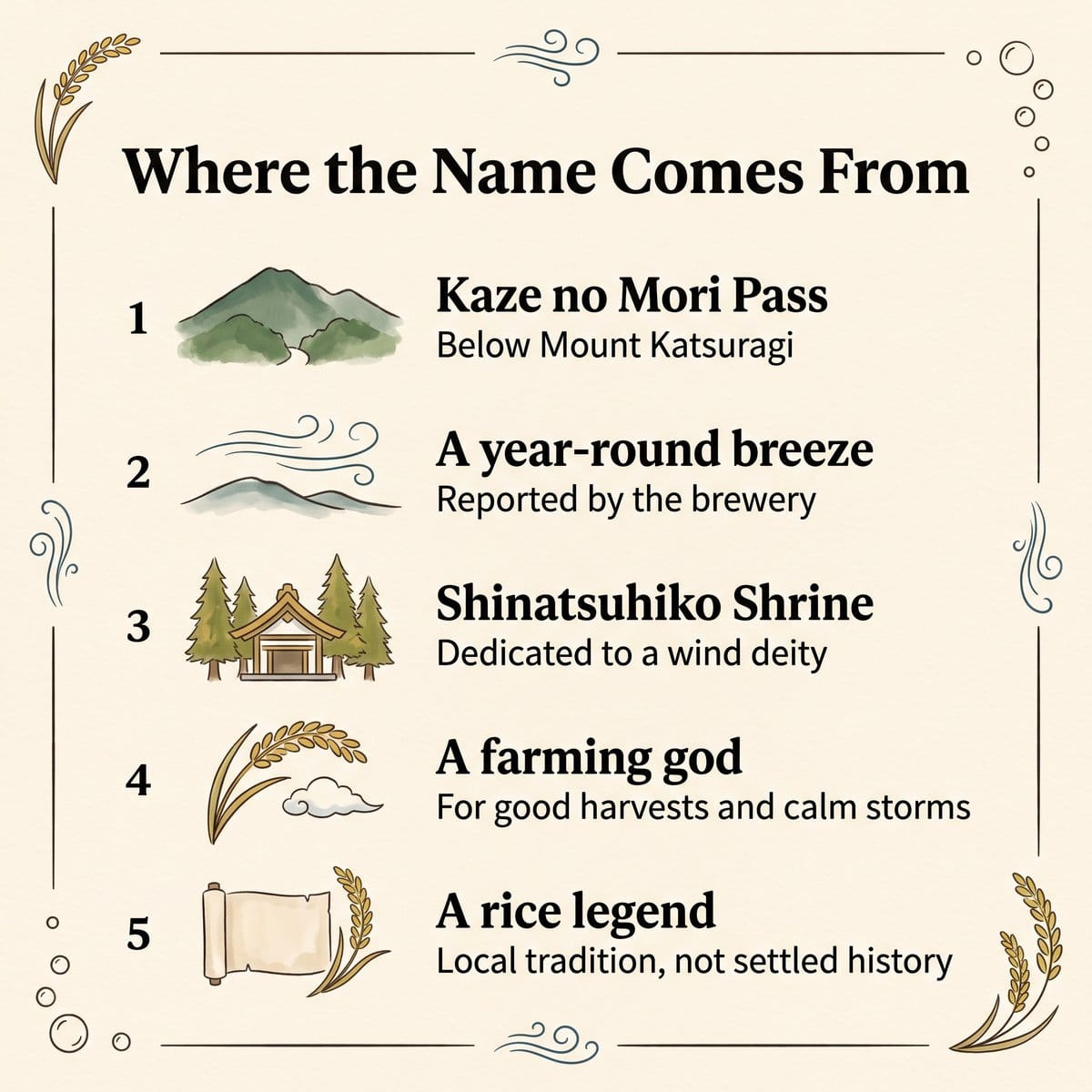 Illustration of where the name Kaze no Mori comes from: the pass below Mount Katsuragi, a year-round breeze, Shinatsuhiko Shrine and a farming god