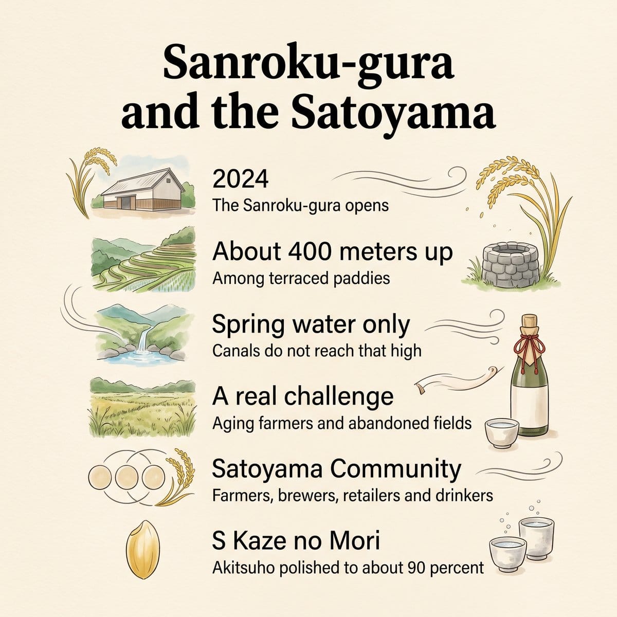 Illustration of the Sanroku-gura and the satoyama community: terraced paddies, spring water and the challenge of abandoned fields