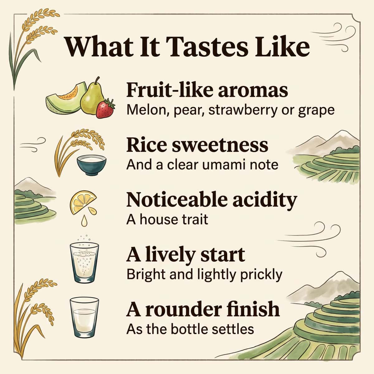 Illustration of what Kaze no Mori tastes like: fruit-like aromas, rice sweetness, noticeable acidity, a lively start and a rounder finish