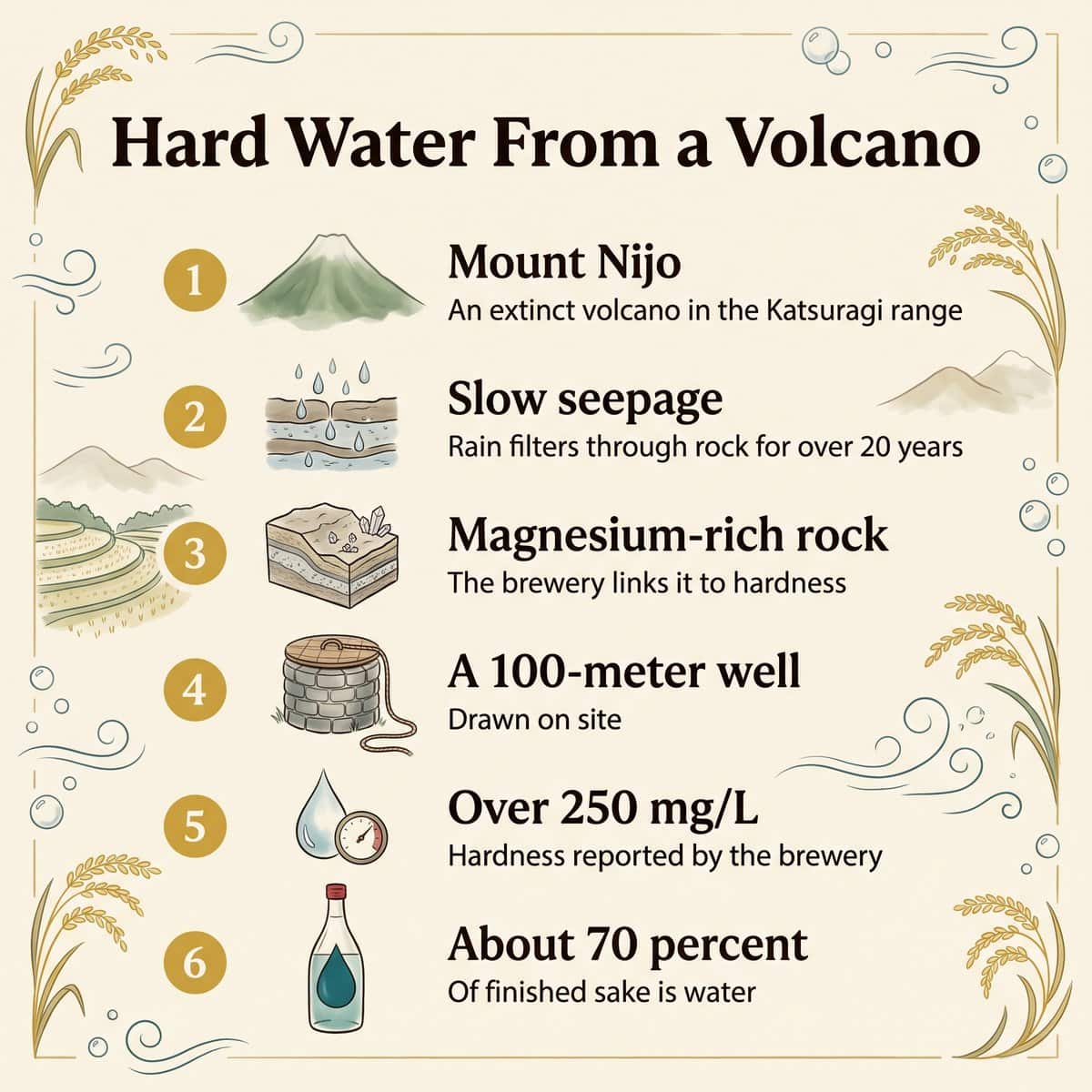 Illustration of hard water from a volcano: Mount Nijo, slow seepage through rock, a 100-meter well and over 250 mg/L hardness