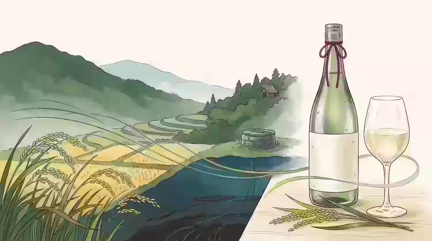 Illustration of a Nara satoyama rice field flowing into a bottle and glass of fresh Kaze no Mori sake
