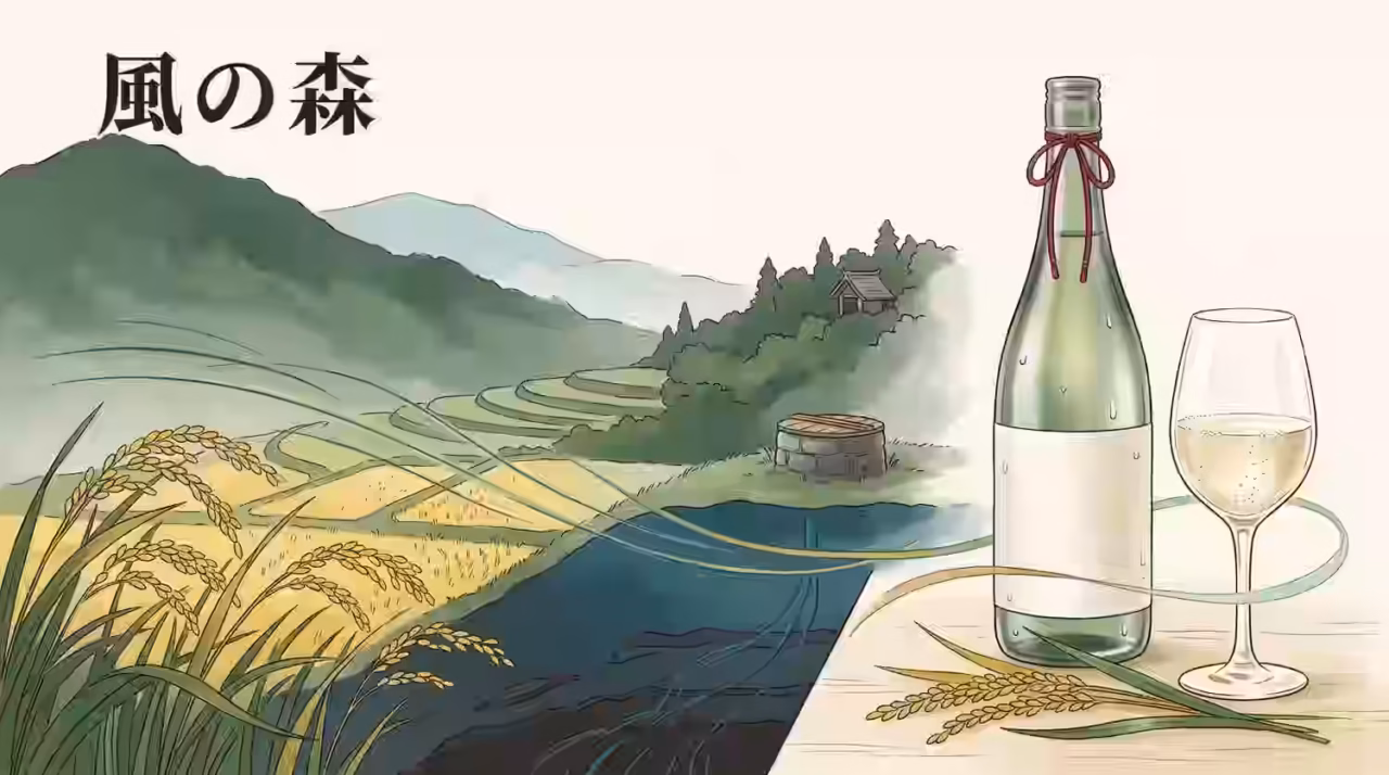 Kaze no Mori sake illustration with the brand name 風の森 written in kanji