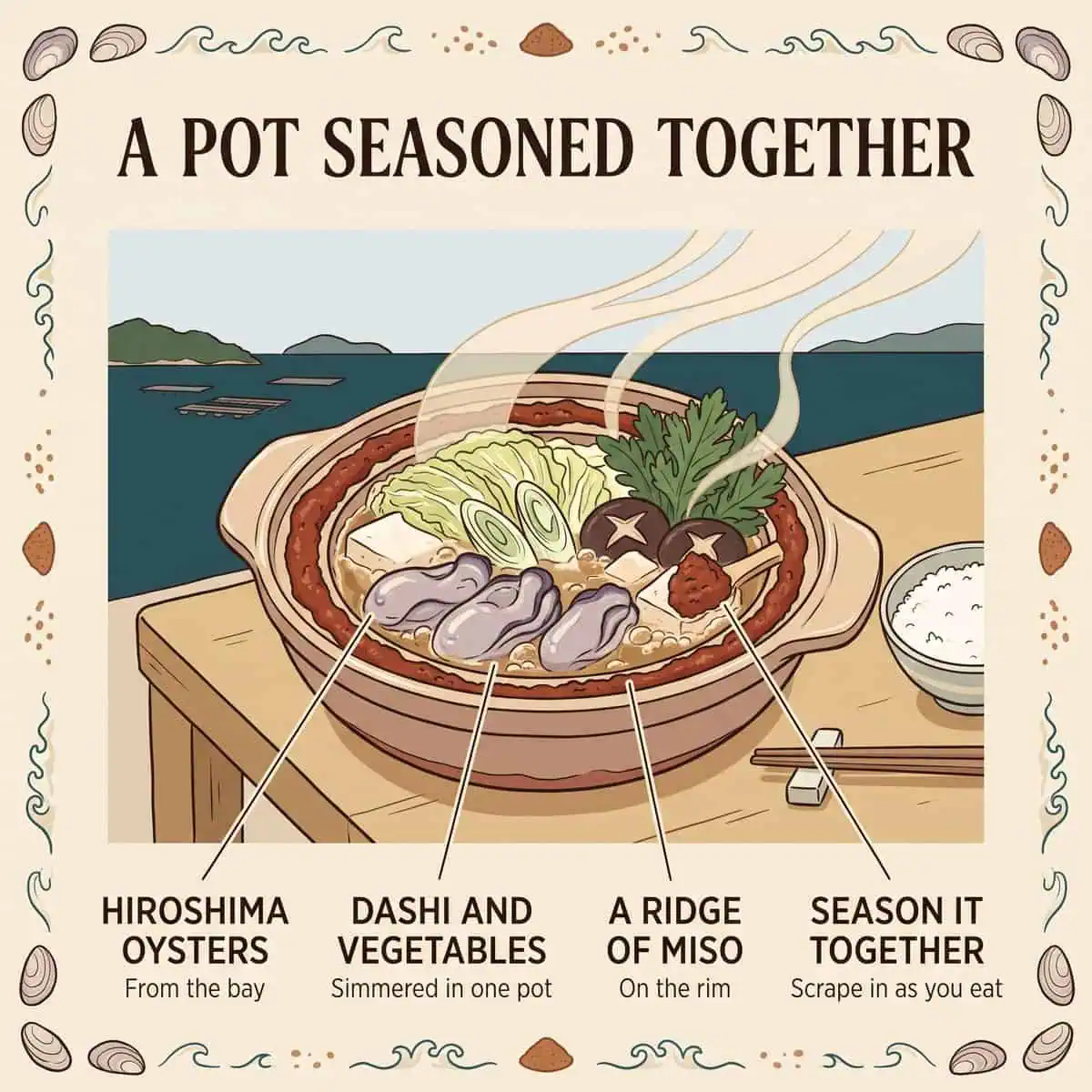 Ilustración de un donabe con una franja de miso frente al mar Interior de Seto