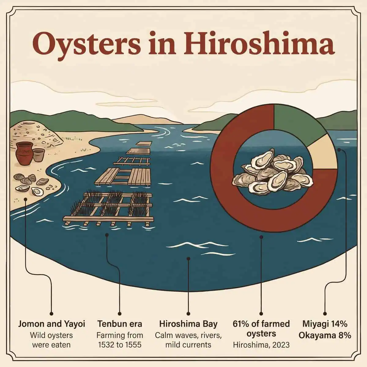 Ilustración de la historia del cultivo de ostras en Hiroshima y de su cuota de producción