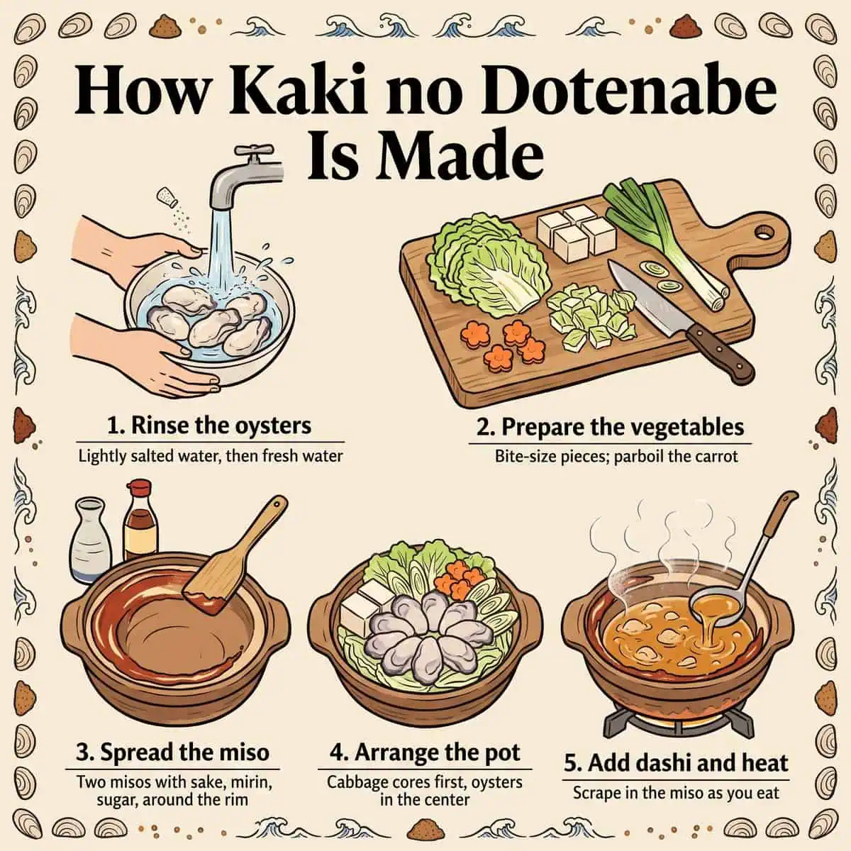 Ilustración en cinco pasos de cómo se prepara el Kaki no Dotenabe