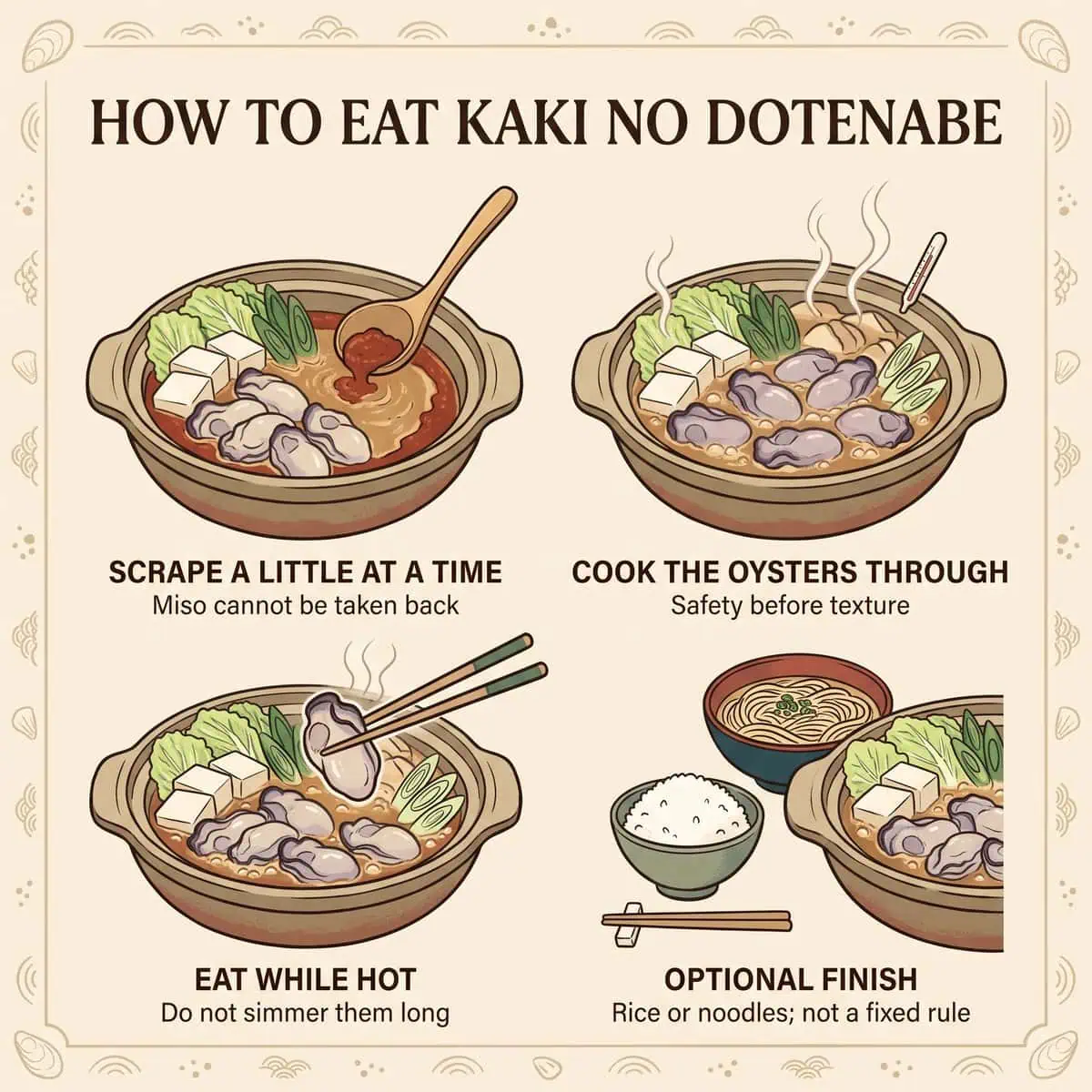 Ilustración en cuatro pasos de cómo comer Kaki no Dotenabe