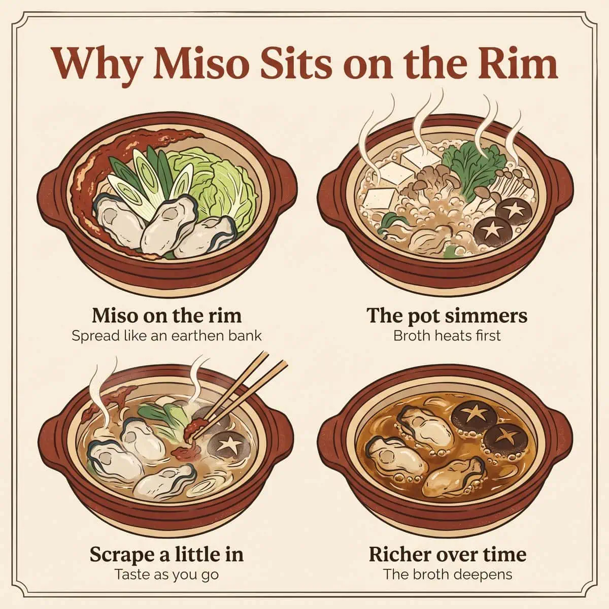Ilustración en cuatro pasos de por qué el miso se coloca en el borde de la olla y se va bajando al caldo