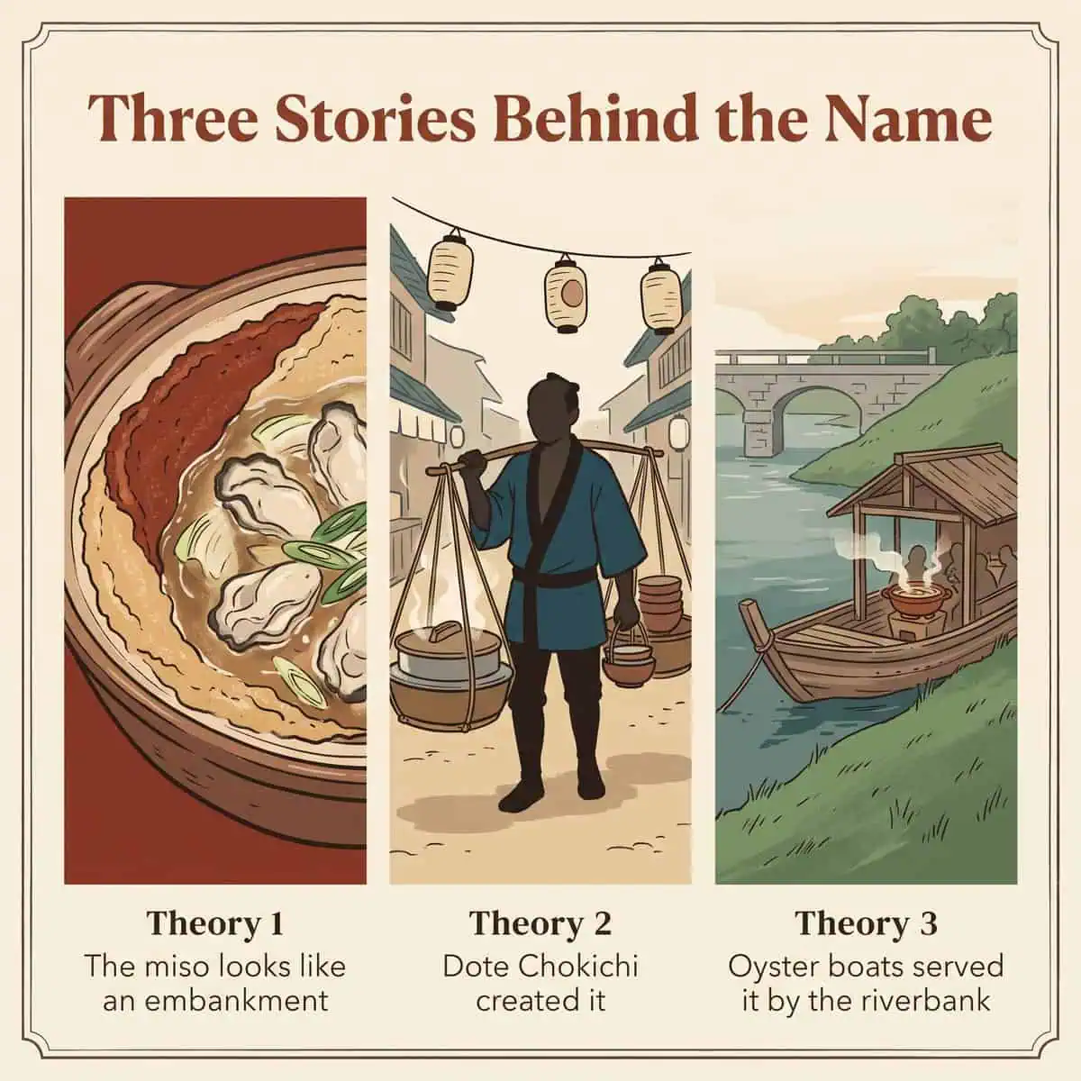 Ilustración de las tres historias tradicionales detrás del nombre Kaki no Dotenabe