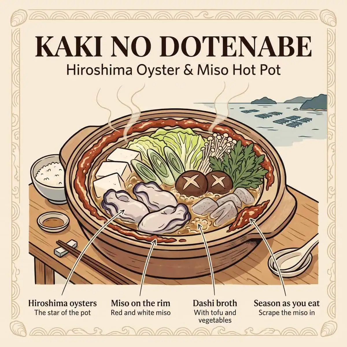 Cartel ilustrado del Kaki no Dotenabe, una olla caliente de ostras de Hiroshima con una franja de miso en el borde de la olla