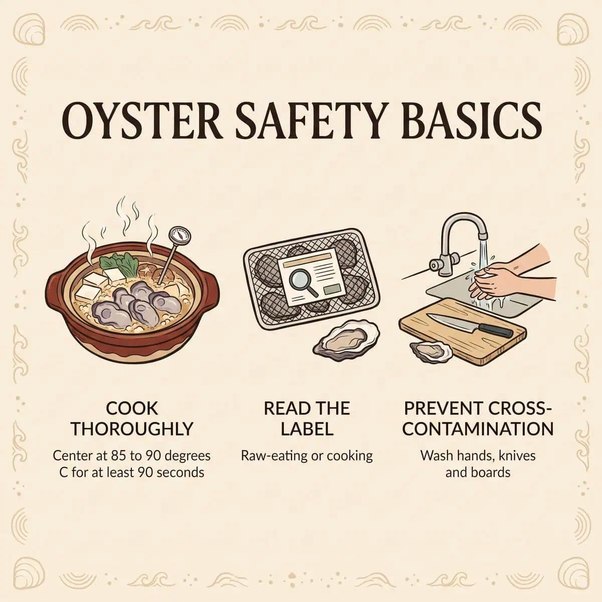 Ilustración de los conceptos básicos de seguridad con las ostras: cocinar bien, leer la etiqueta y evitar la contaminación cruzada