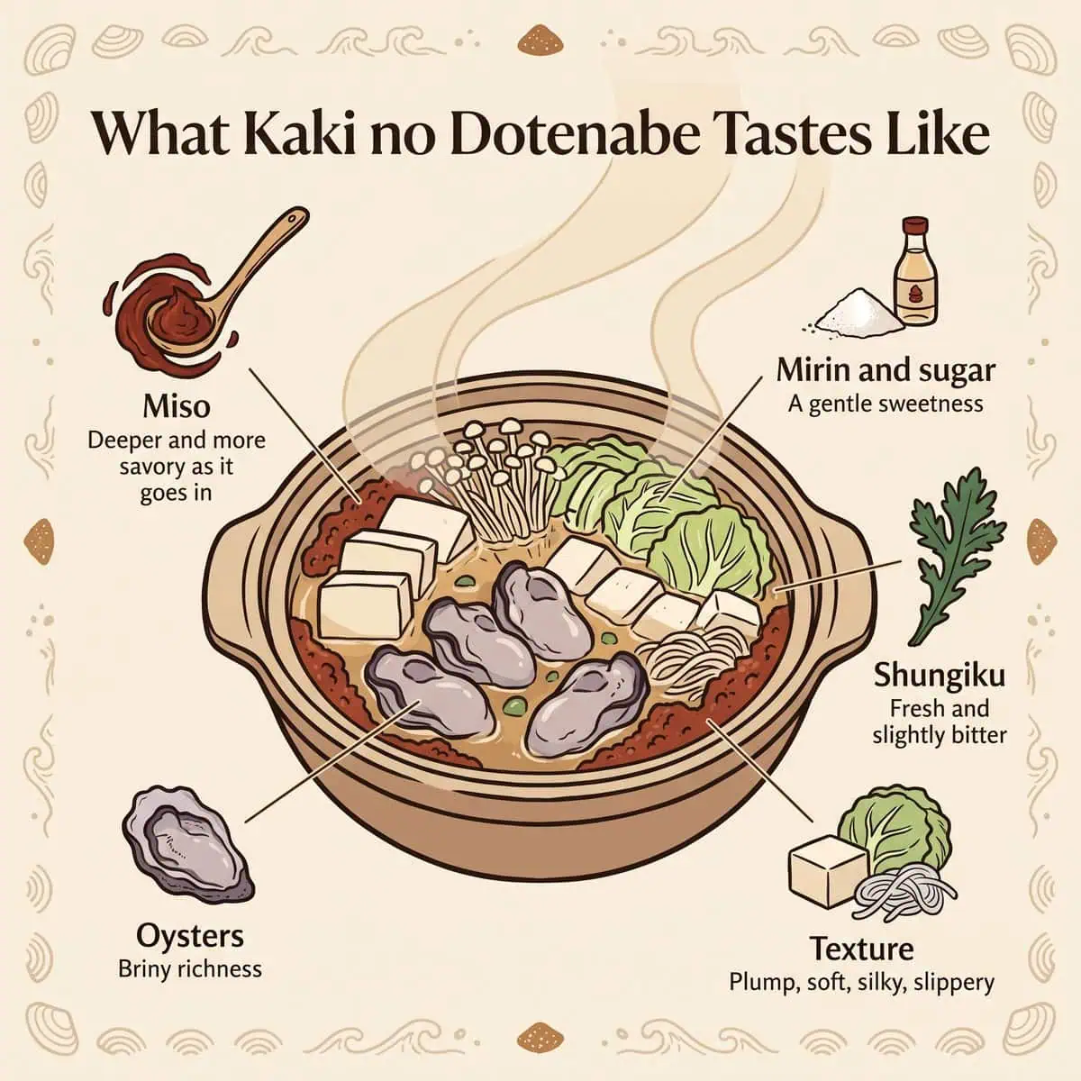 Ilustración del sabor del Kaki no Dotenabe: miso, ostras, dulzor, textura y shungiku