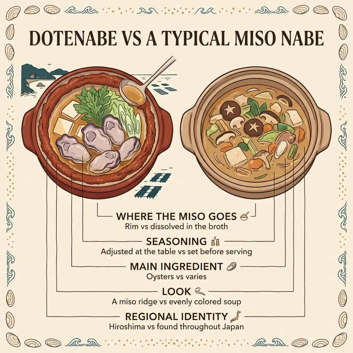 Ilustración que compara el Kaki no Dotenabe con un nabe típico a base de miso