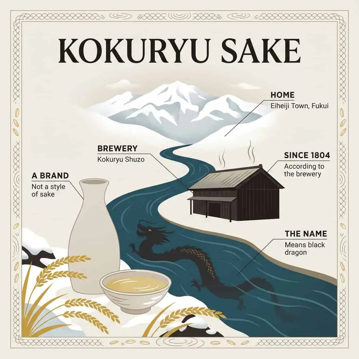 Illustration of Kokuryu sake: snowy Hakusan peaks, the Kuzuryu River with a black dragon, a wooden brewery and a cup of pale gold sake