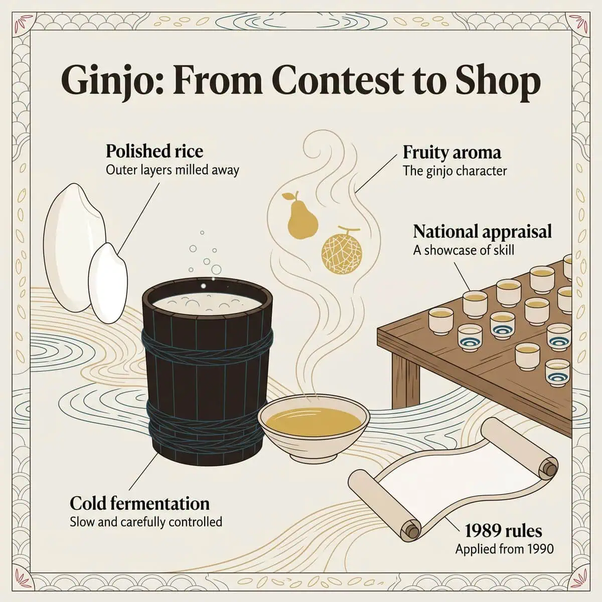 Illustration of ginjo brewing: polished rice, cold fermentation, fruity aroma, the national appraisal and the 1989 labeling rules