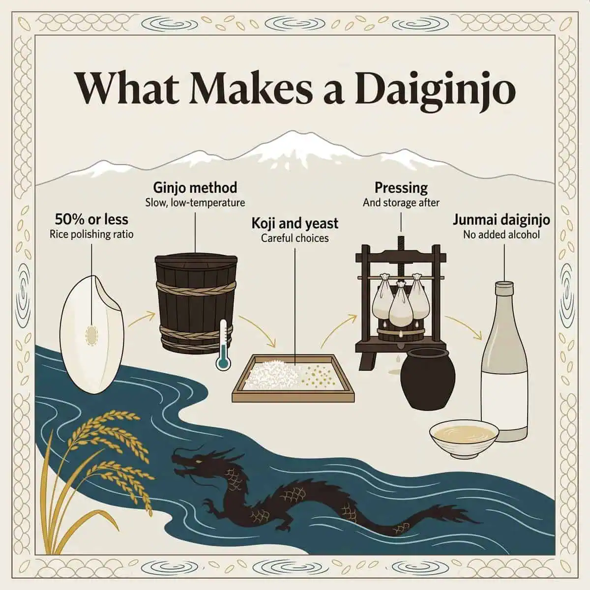 Illustration of what makes a daiginjo: rice polished to 50% or less, ginjo method, koji and yeast, pressing and junmai daiginjo