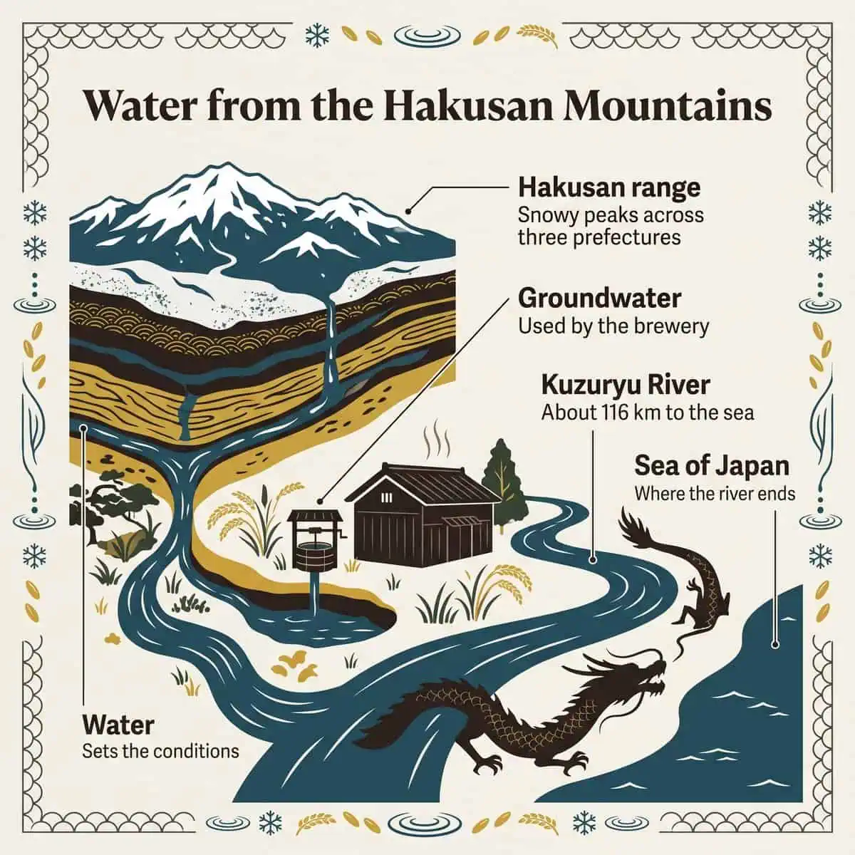 Illustration of groundwater from the Hakusan mountains, the Kuzuryu River and the Sea of Japan