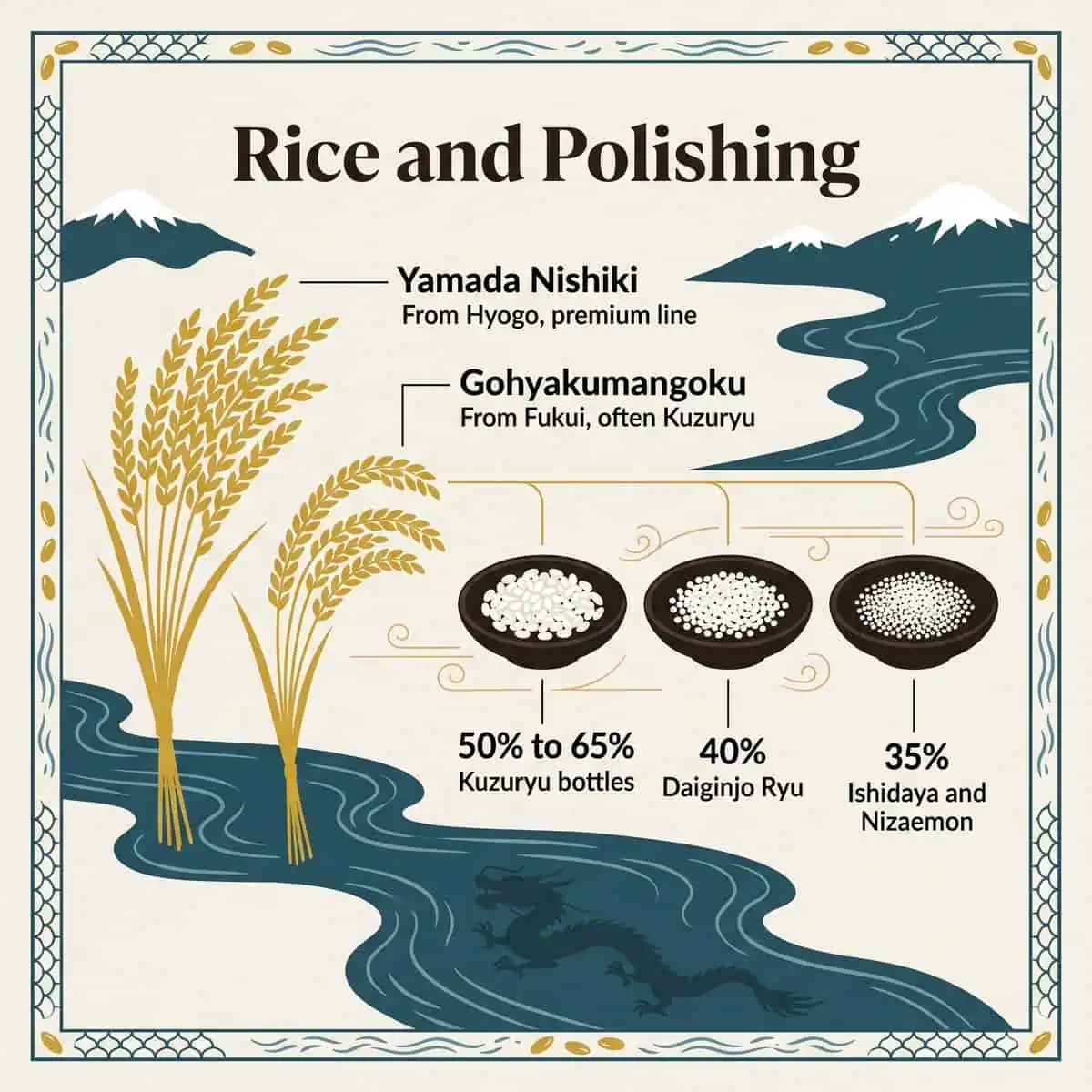 Illustration of Yamada Nishiki and Gohyakumangoku rice with polishing ratios of 40%, 35% and 50% to 65%