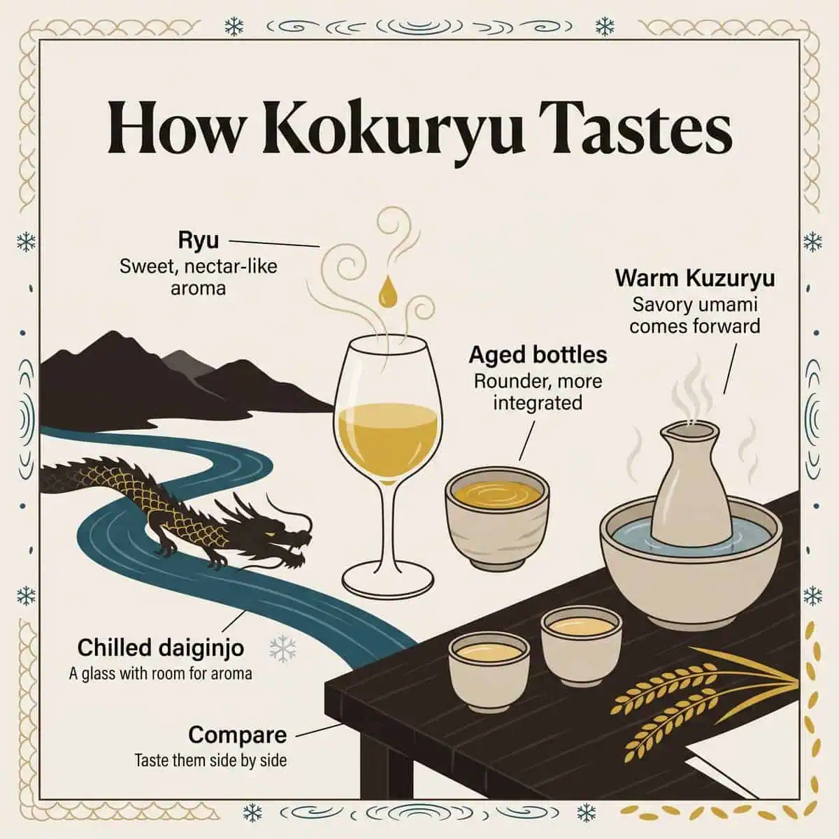 Illustration of how Kokuryu sake tastes: Ryu, aged bottles, warm Kuzuryu, chilled daiginjo and side-by-side tasting