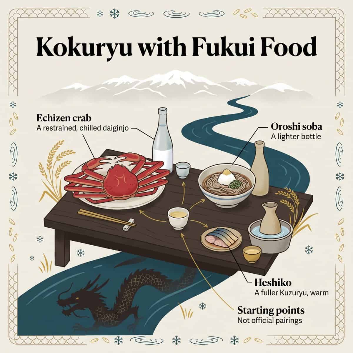 Illustration of Kokuryu sake with Fukui food: Echizen crab, oroshi soba and heshiko