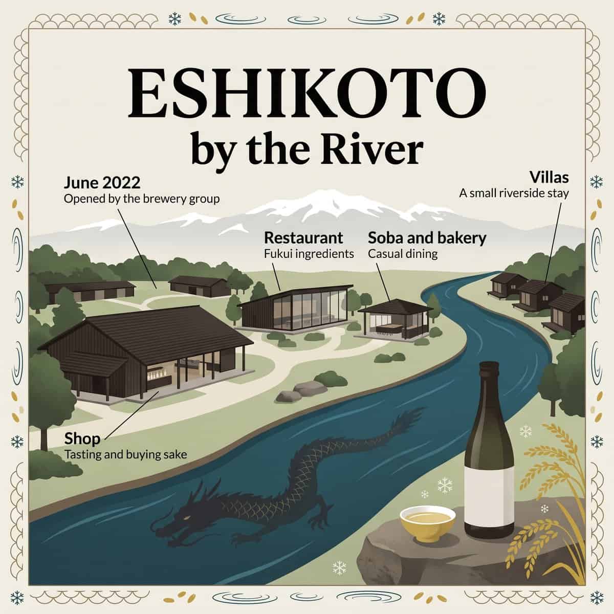 Illustration of ESHIKOTO beside the Kuzuryu River with its shop, restaurant, soba and bakery and villas