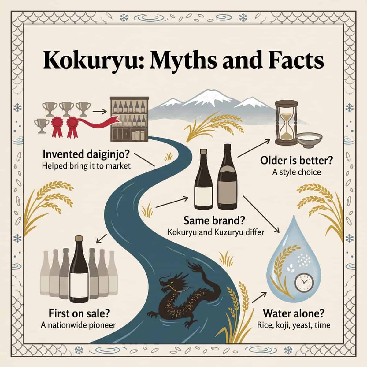 Illustration of common myths and facts about Kokuryu sake