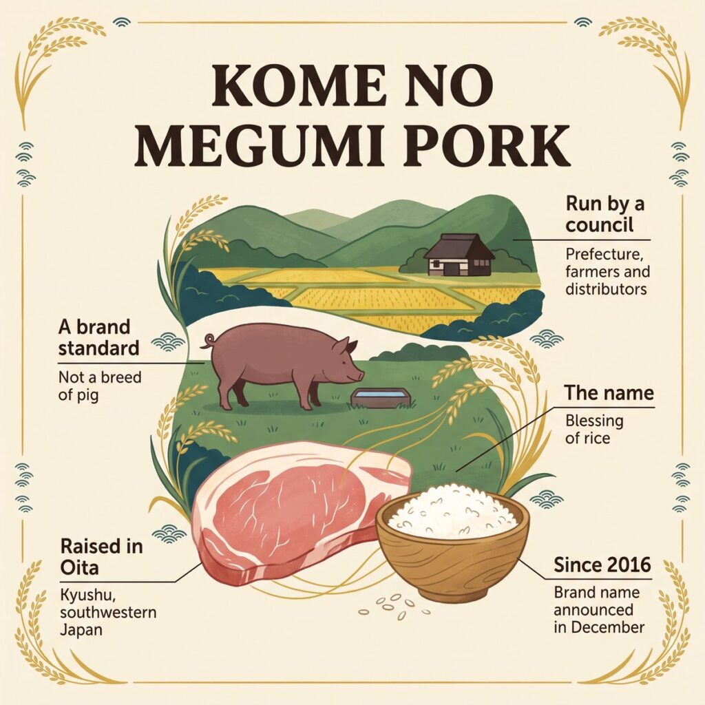 Kome no Megumi 돼지고기 개요: 오이타의 언덕과 논, 목초지의 돼지, 돼지고기 한 조각과 밥 한 공기