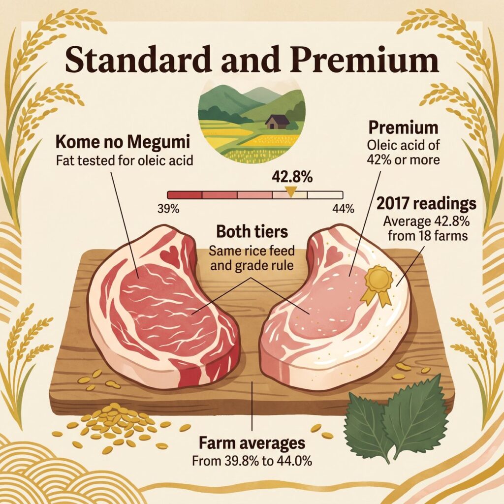 올레산 42% 기준을 표시한 Kome no Megumi와 Kome no Megumi Premium 비교