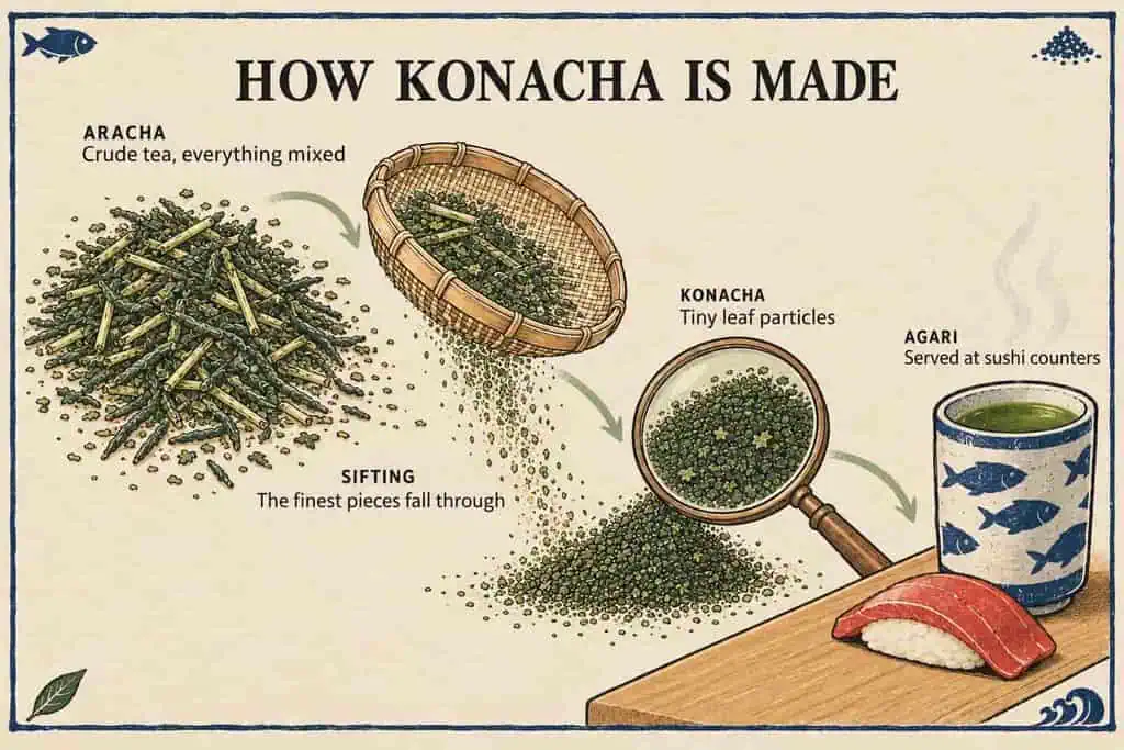 Illustrated guide to how konacha is made, from aracha crude tea through sifting into fine particles served as agari at sushi counters