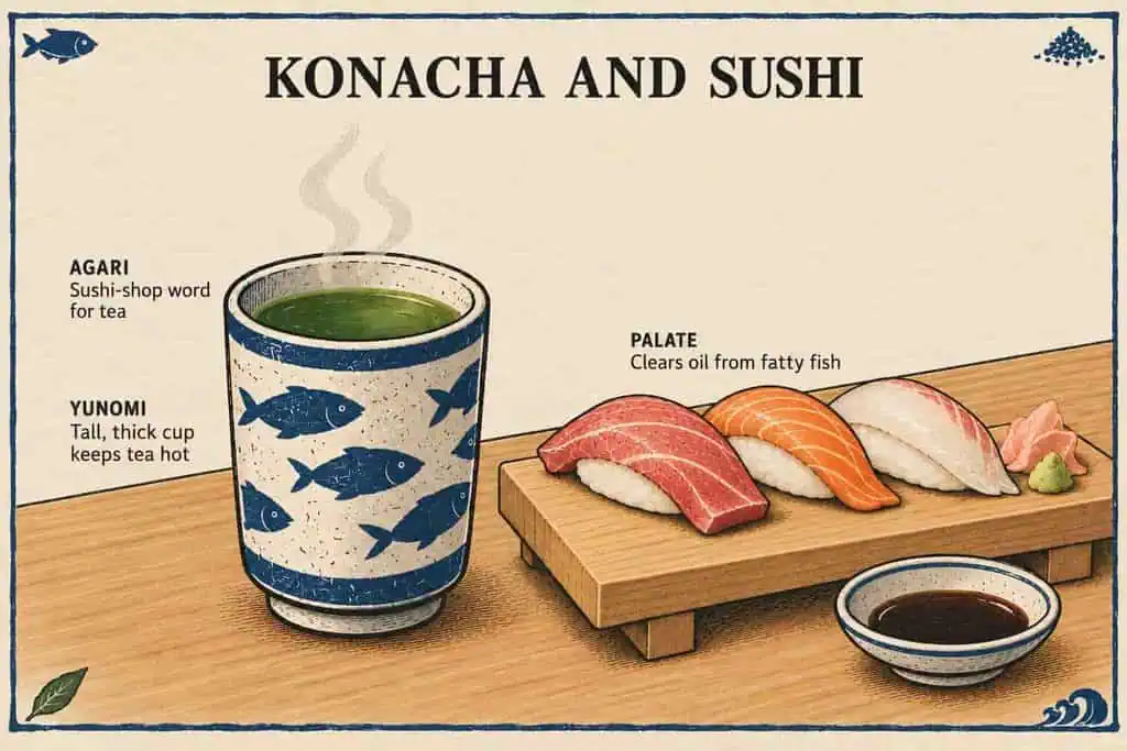 A tall yunomi cup of konacha served beside nigiri sushi on a wooden sushi counter