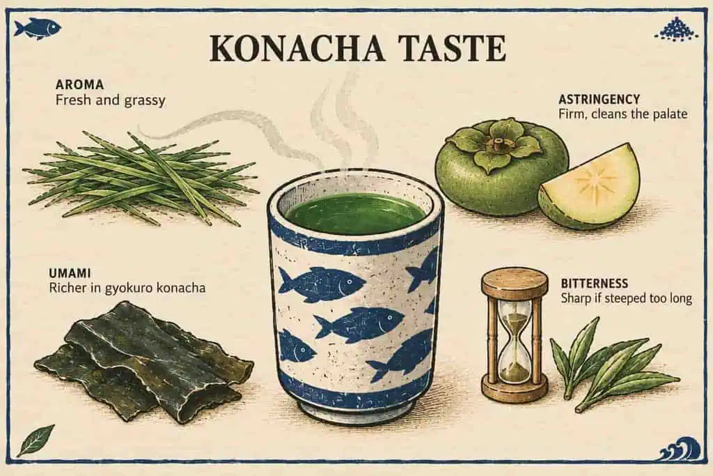 Illustrated guide to konacha taste: grassy aroma, strong astringency, pleasant bitterness and umami in a deep green cup