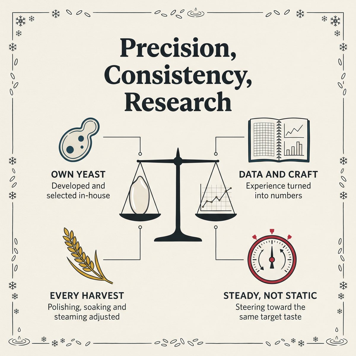 Illustration of Kubota brewing philosophy: own yeast, data and craft, harvest adjustments and steady taste