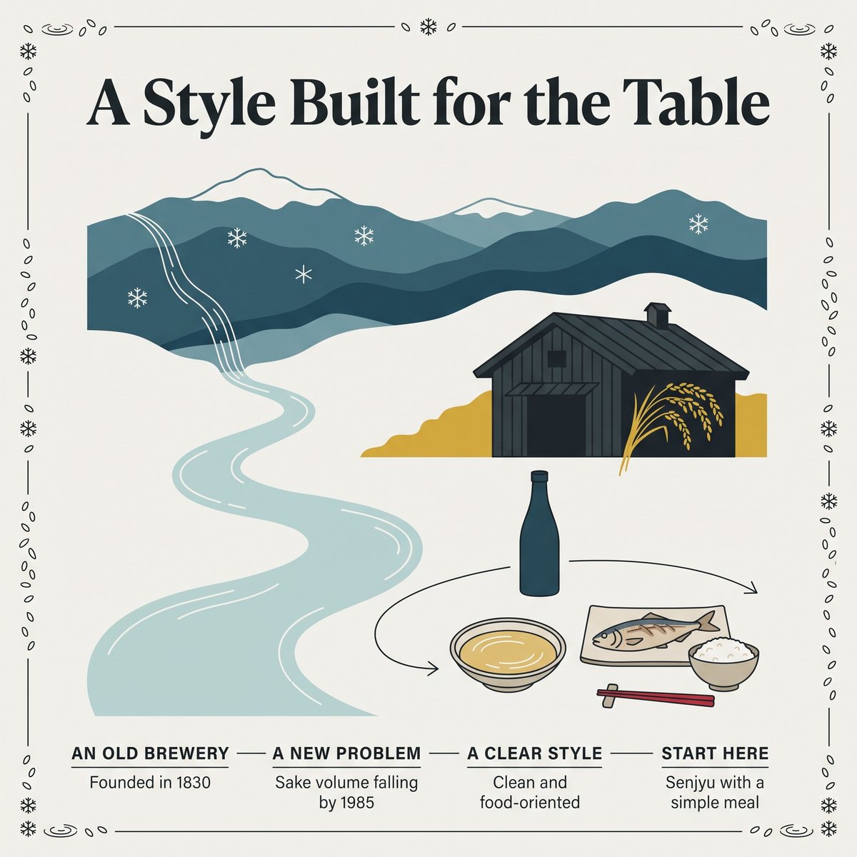 Illustration of a snow-country brewery and a simple meal closing the Kubota story