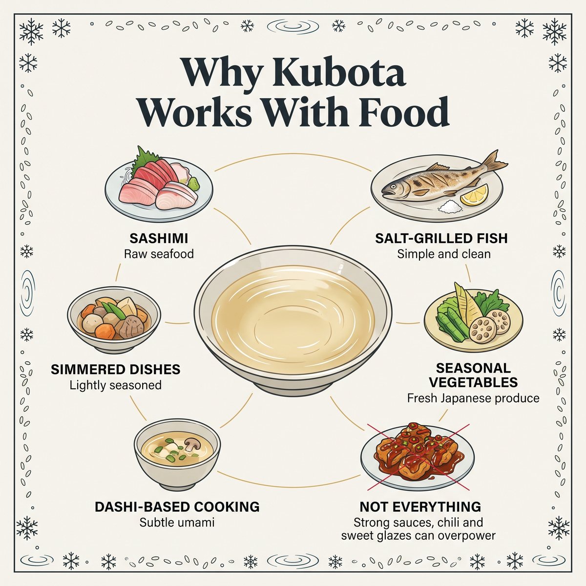 Illustration of foods that pair well with Kubota sake, from sashimi to simmered dishes