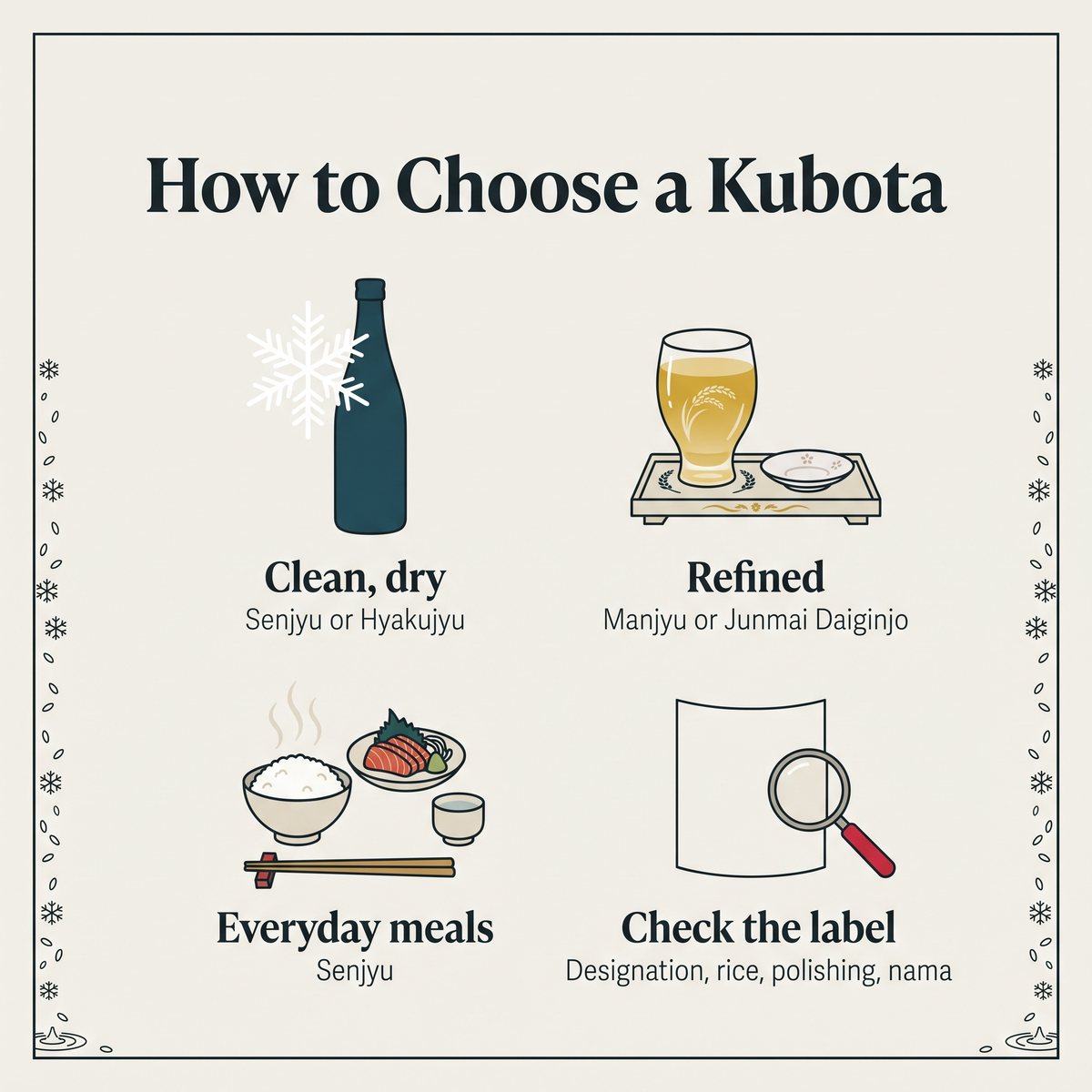 Illustration of how to choose a Kubota sake for dry, refined and everyday drinking