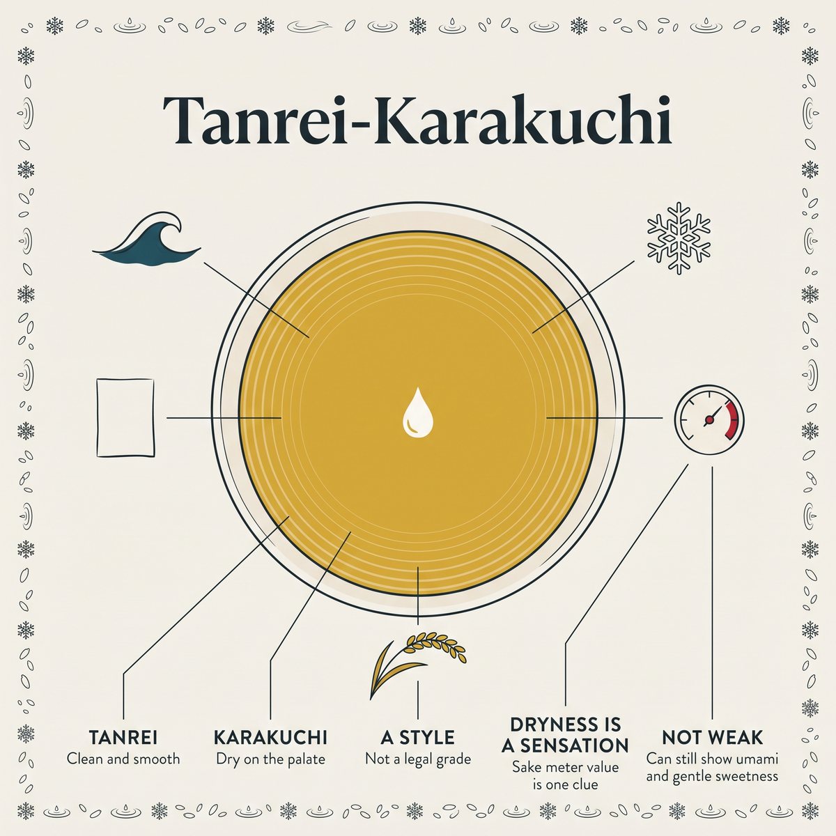 Illustration explaining tanrei-karakuchi: clean and smooth, dry on the palate, a style and not a grade