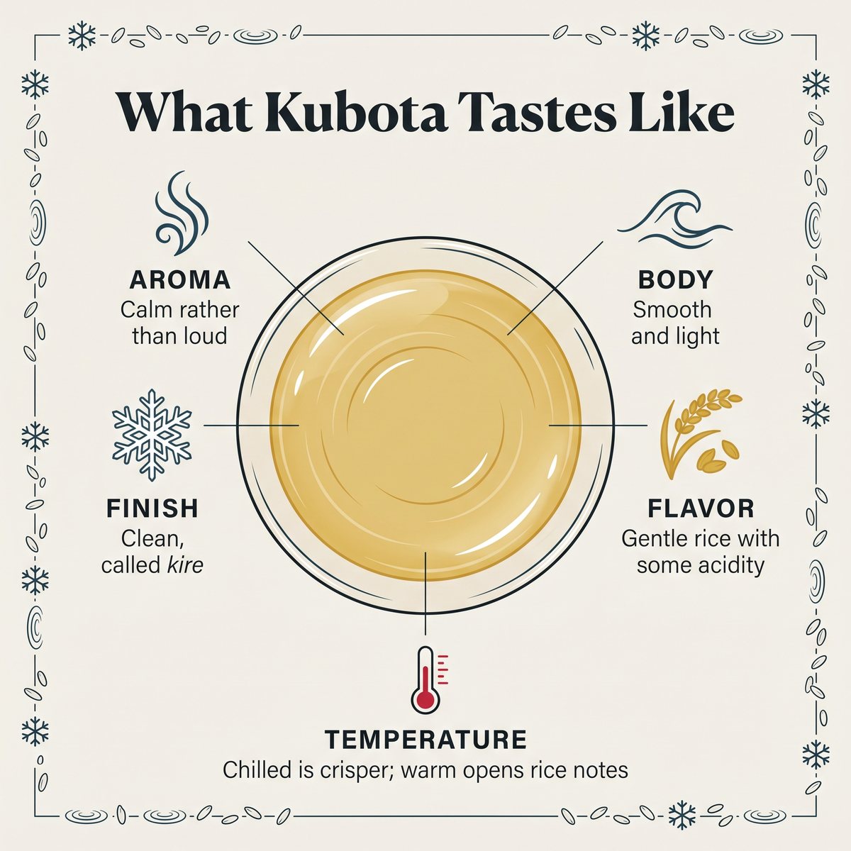 Illustration of Kubota taste traits: aroma, body, finish, flavor and serving temperature