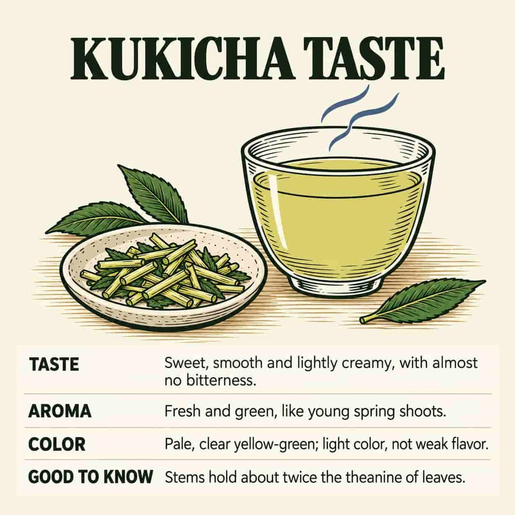Woodcut-style illustration of a cup of pale yellow-green kukicha with loose stems, describing its taste, aroma and color.