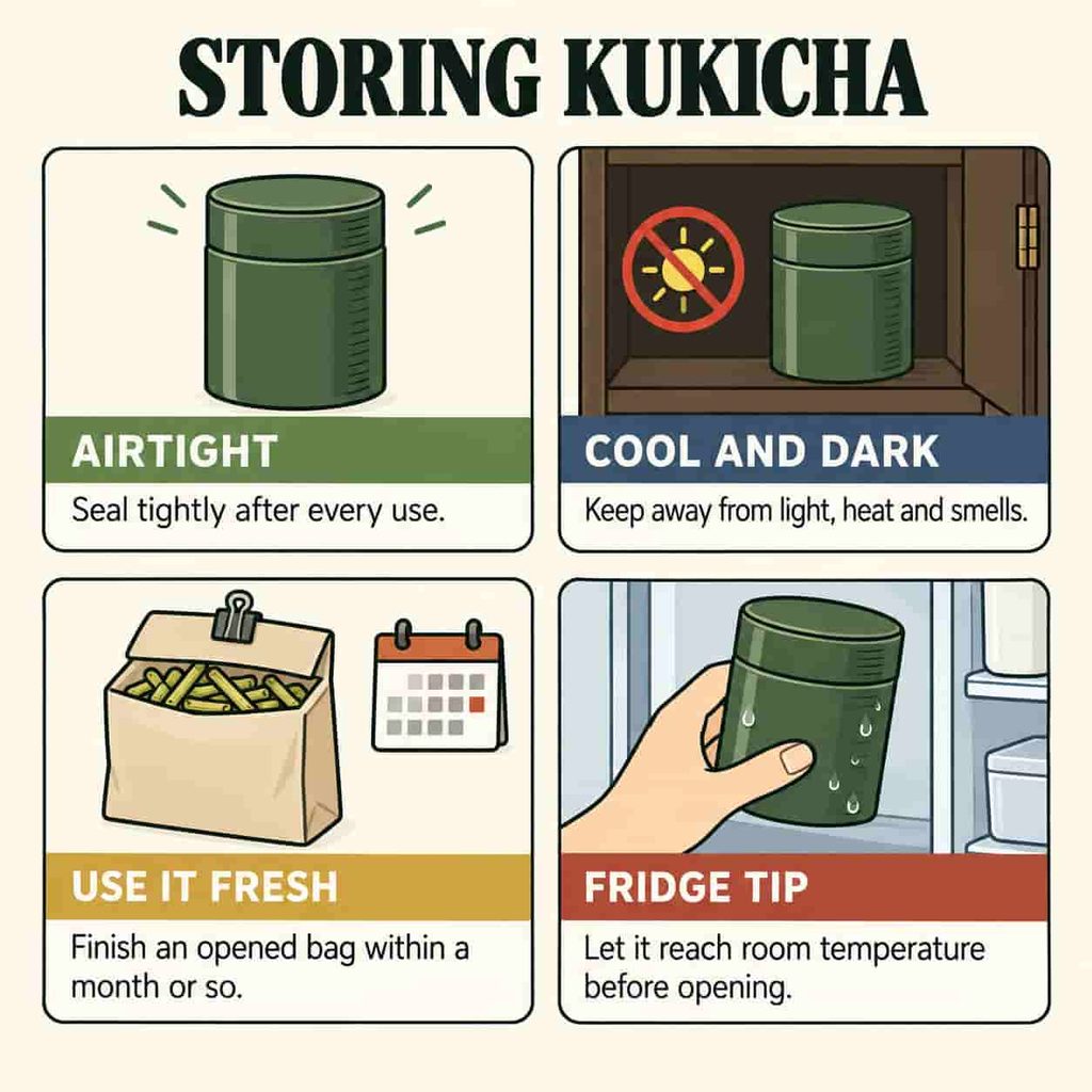 Four tips for storing kukicha: airtight canister, cool dark place, finishing within a month, and letting it warm before opening.