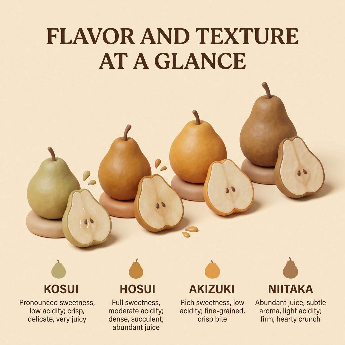 Clay-style illustration comparing the flavor and texture of four Kureha Nashi pear varieties: Kosui, Hosui, Akizuki and Niitaka