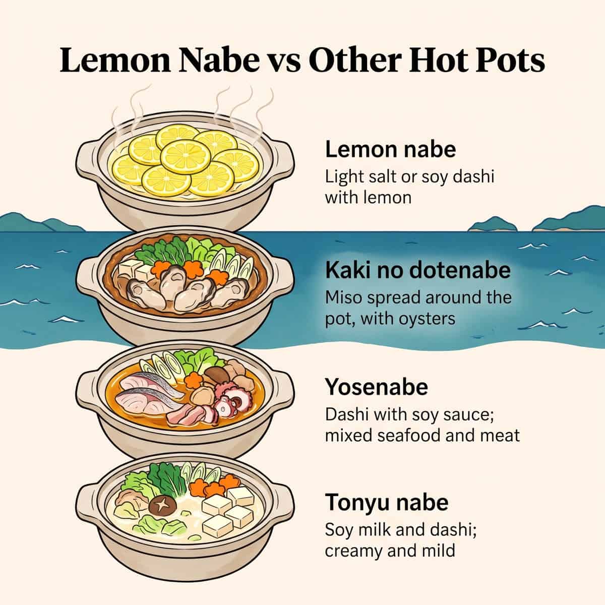 插画:按汤底和主要食材比较柠檬锅、kaki no dotenabe、yosenabe 和 tonyu nabe