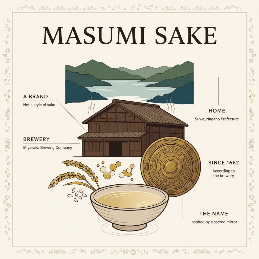 Masumi-Sake im Überblick: Berge und See von Suwa, eine Holzbrauerei, ein heiliger Spiegel und eine Schale Sake