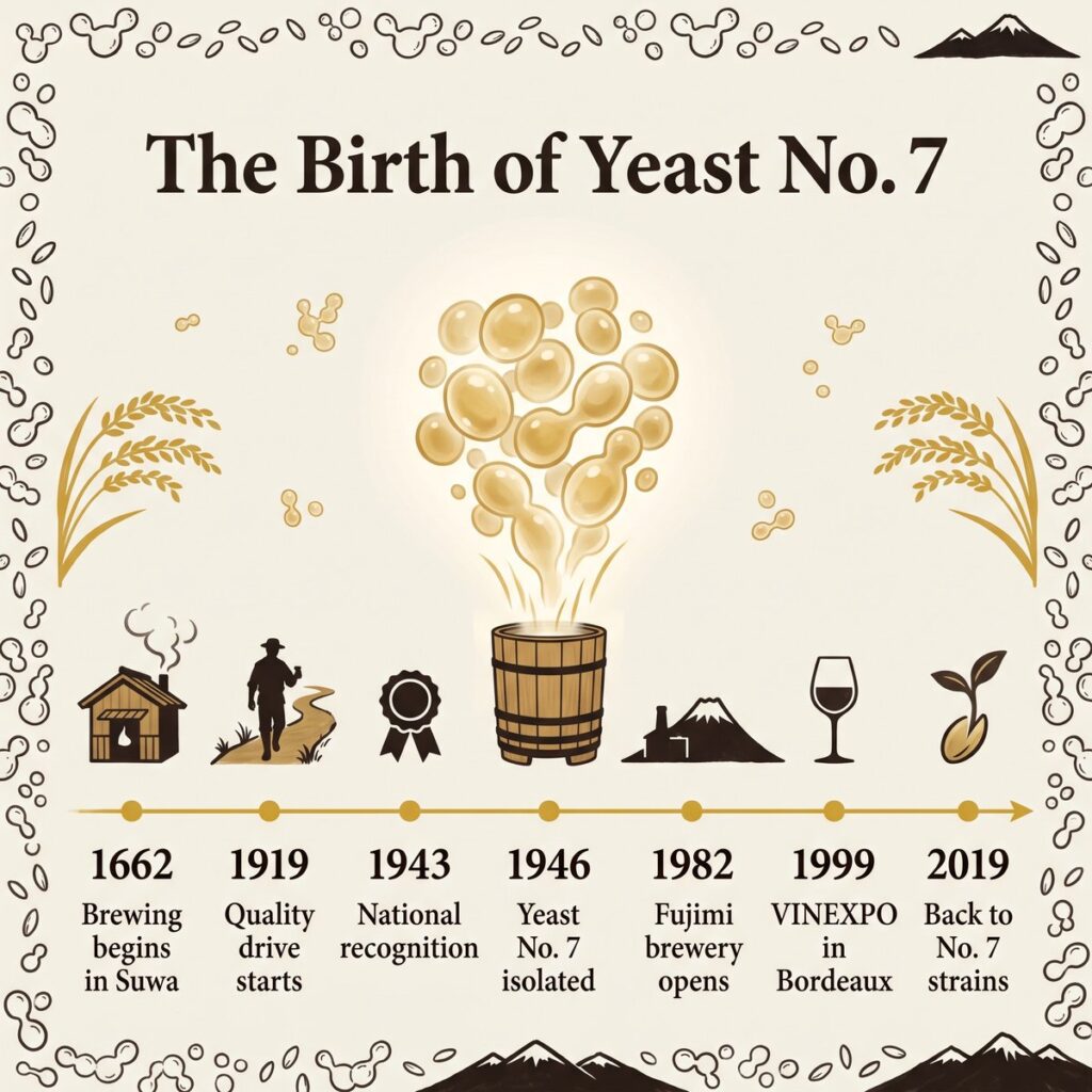 Zeitleiste von Masumi von 1662 bis 2019, mit der Isolierung der Hefe No. 7 im Jahr 1946