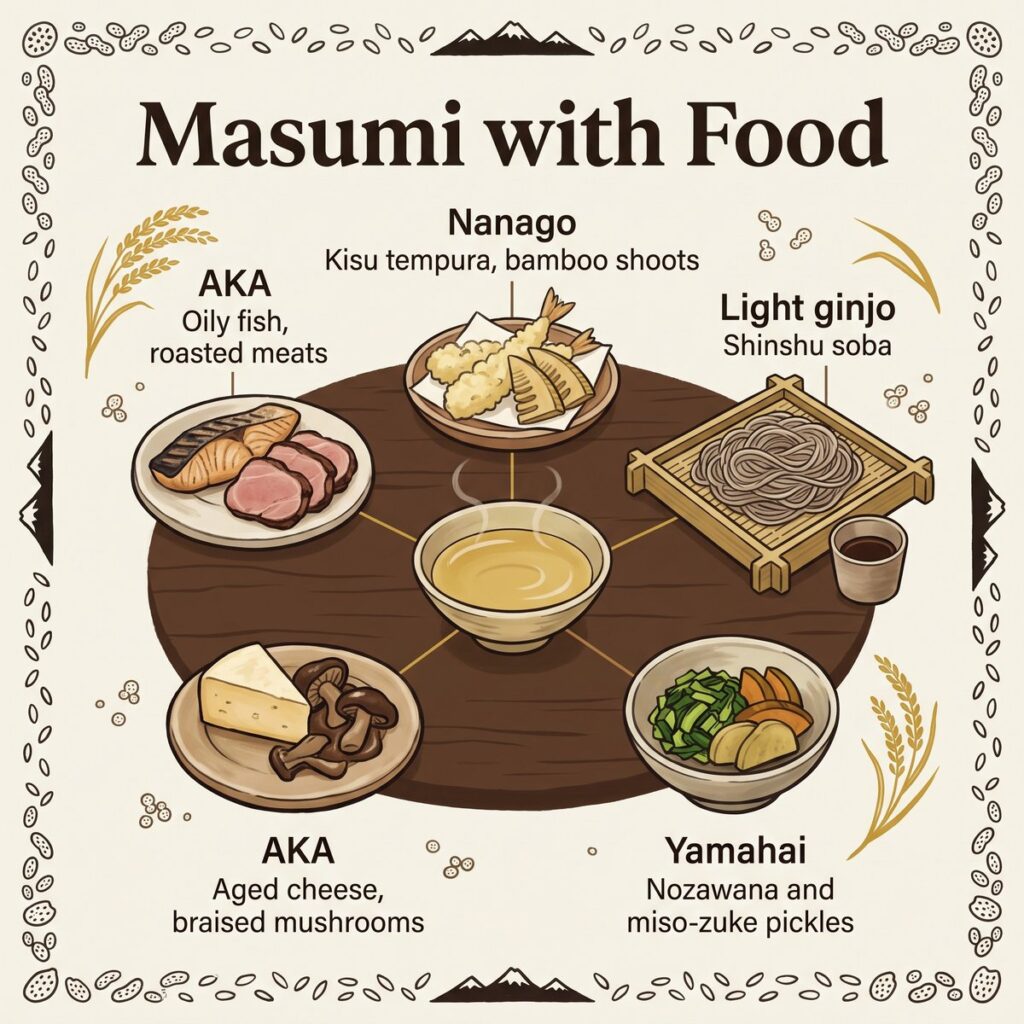 Speisen zu Masumi: fetter Fisch, gereifter Käse, Kisu-Tempura, Shinshu Soba und eingelegtes Gemüse aus Nagano