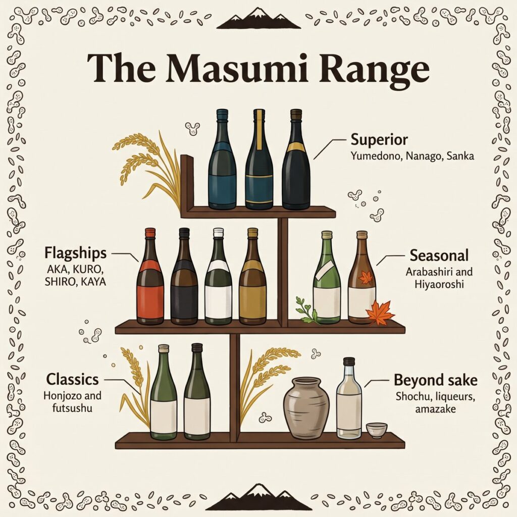 Das Masumi-Sortiment: die Linien Superior, Flagship, Seasonal und Classic sowie Produkte jenseits von Sake