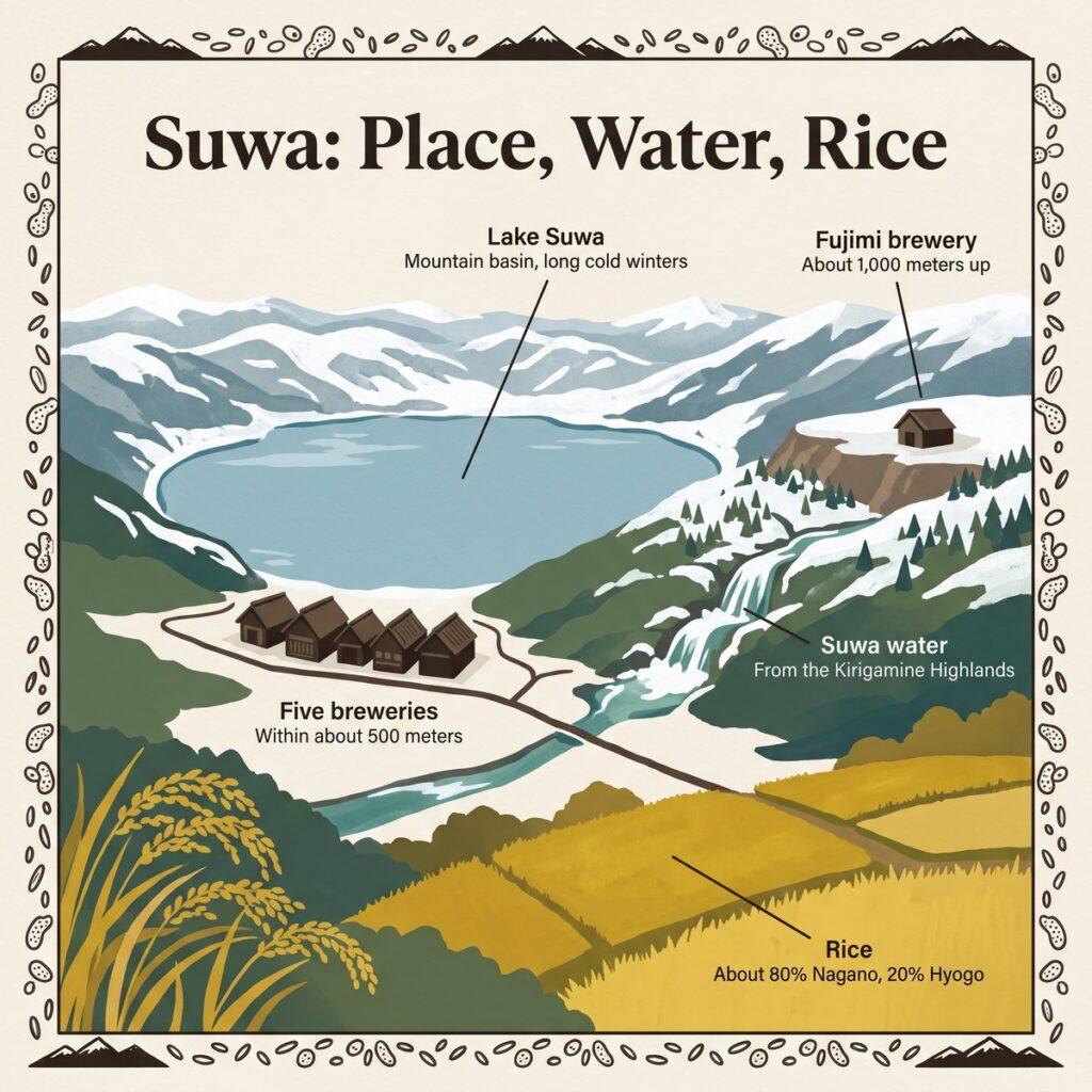 Landschaft von Suwa mit dem Suwa-See, fünf Brauereien, Hochlandwasser, der Brauerei in Fujimi und Reisfeldern