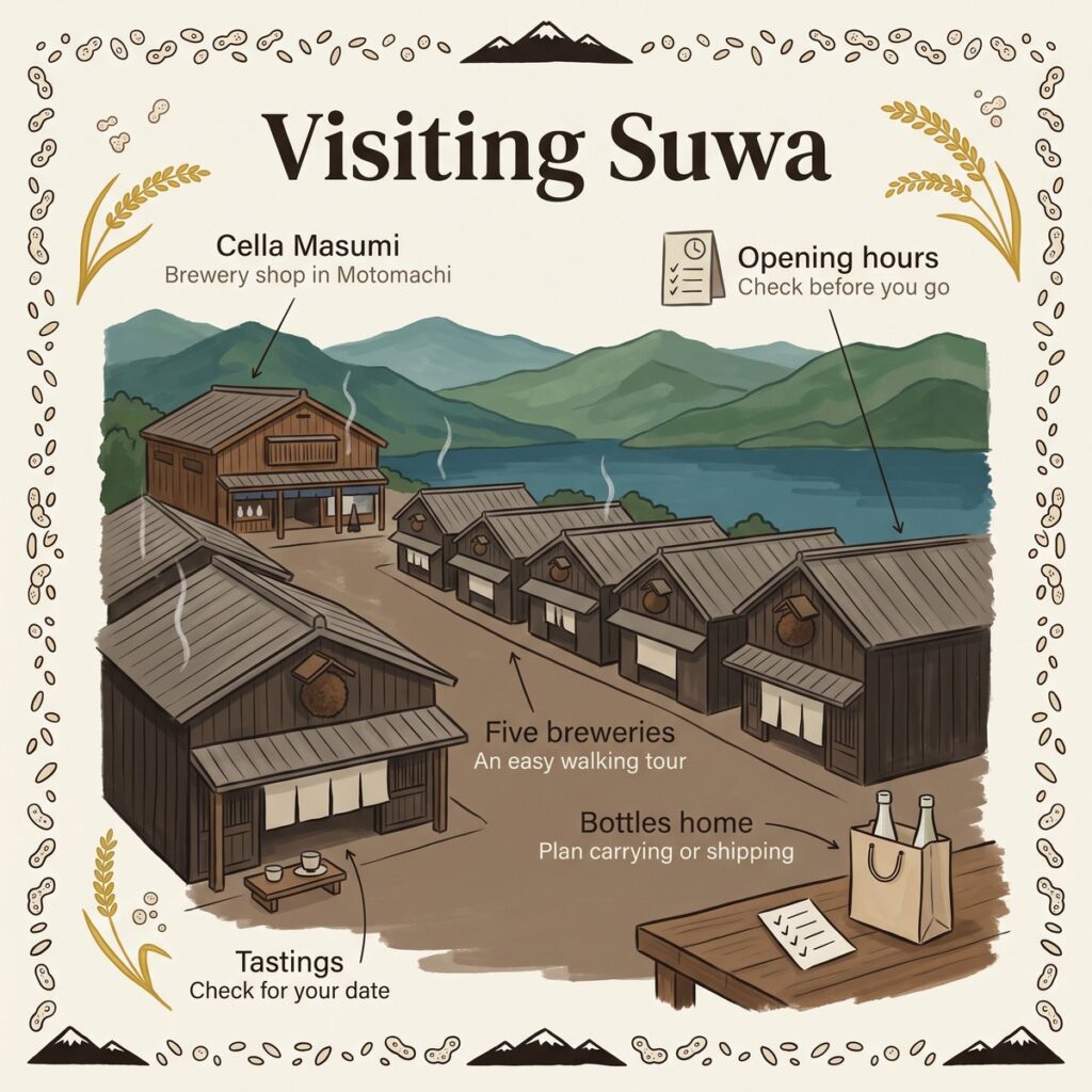 Suwa besuchen: der Laden Cella Masumi, fünf Brauereien in einer Straße und Tipps vor der Reise