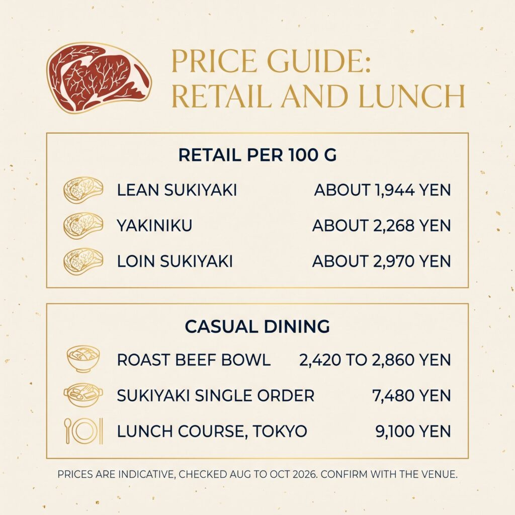 ราคาปลีกเนื้อมัตสึซากะต่อ 100 กรัม และราคาในร้านอาหารทั่วไป ตรวจสอบระหว่างเดือนสิงหาคมถึงตุลาคม 2026
