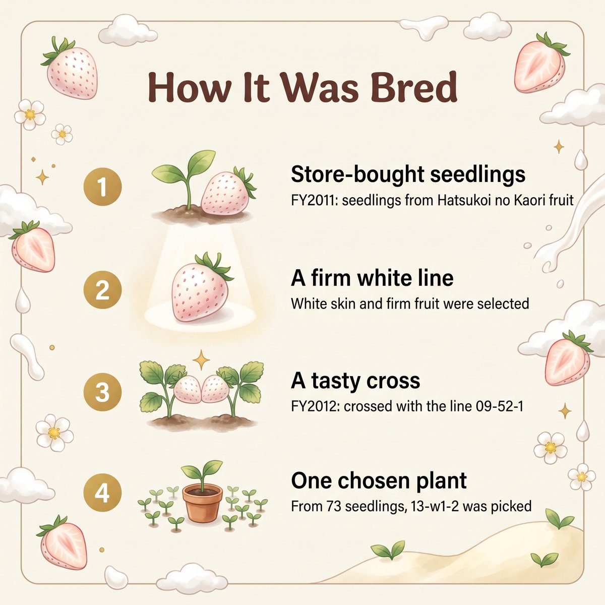 Illustration of how Milky Berry was bred in four steps, from store-bought seedlings to one chosen plant