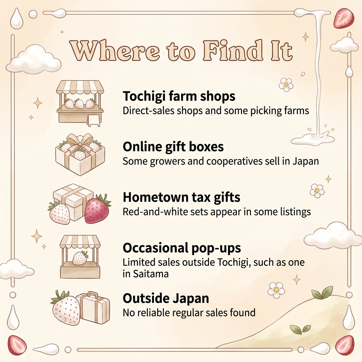 Illustration of where to find Milky Berry: Tochigi farm shops, online gift boxes, hometown tax gifts, pop-ups and outside Japan